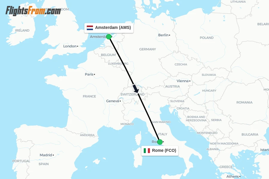 Flights from Amsterdam to Rome route map