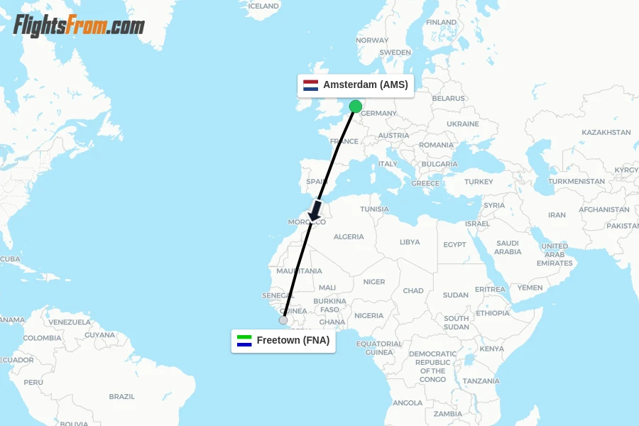 Flights from Amsterdam to Freetown route map