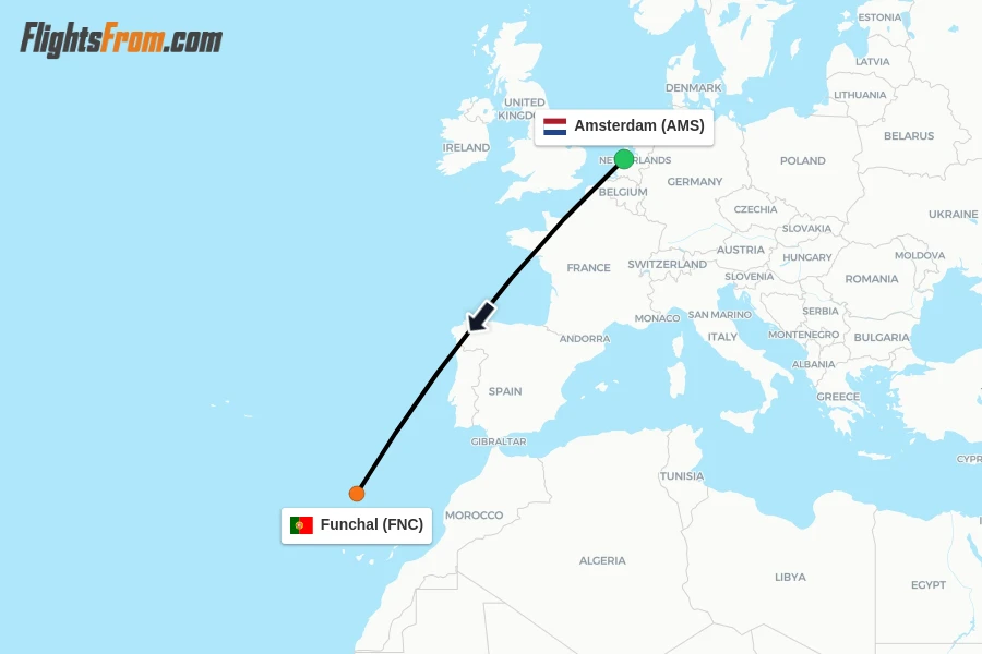 Flights from Amsterdam to Funchal route map