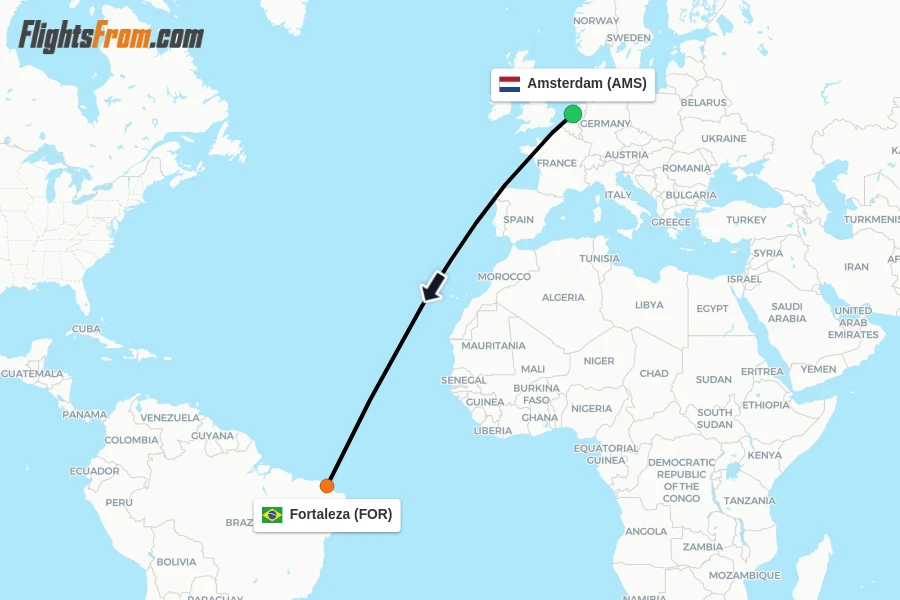 Flights from Amsterdam to Fortaleza route map