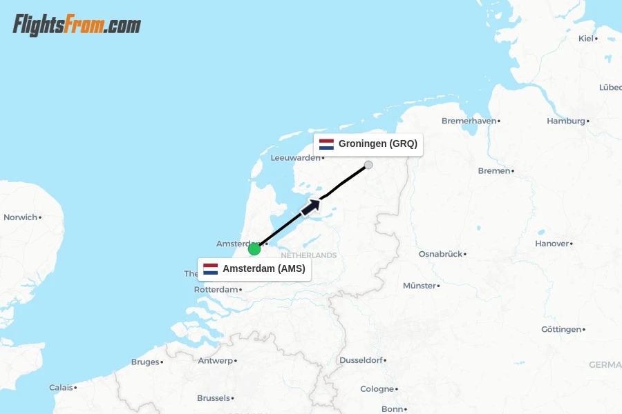 Flights from Amsterdam to Groningen route map