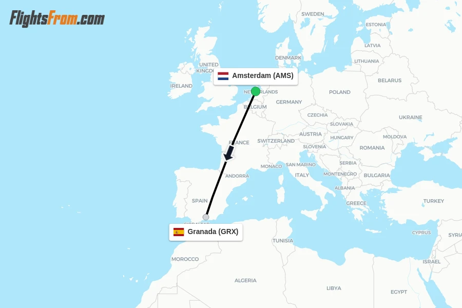 Flights from Amsterdam to Granada route map