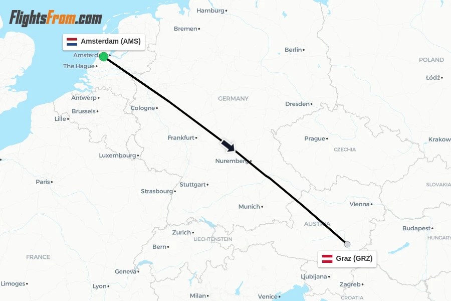 Flights from Amsterdam to Graz route map