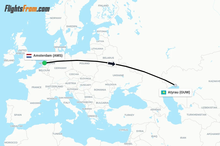 Flights from Amsterdam to Atyrau route map