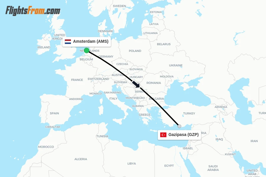 Flights from Amsterdam to Gazipasa route map