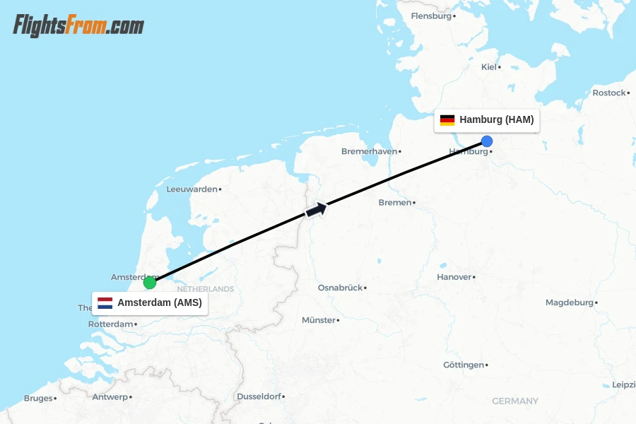 Flights from Amsterdam to Hamburg route map