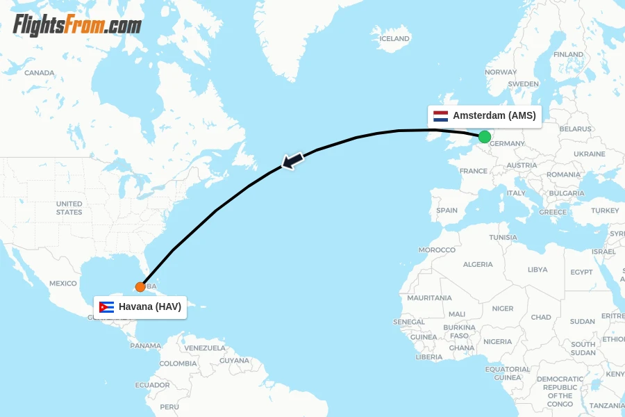 Flights from Amsterdam to Havana route map