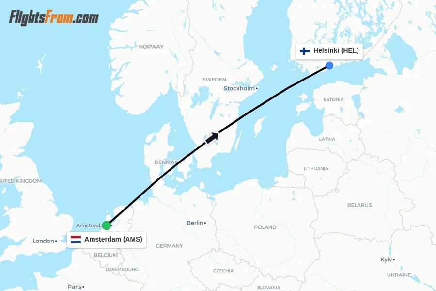 Flights from Amsterdam to Helsinki route map