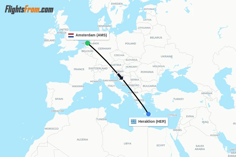 Flights from Amsterdam to Heraklion route map