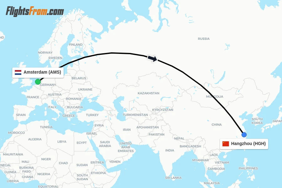 Flights from Amsterdam to Hangzhou route map