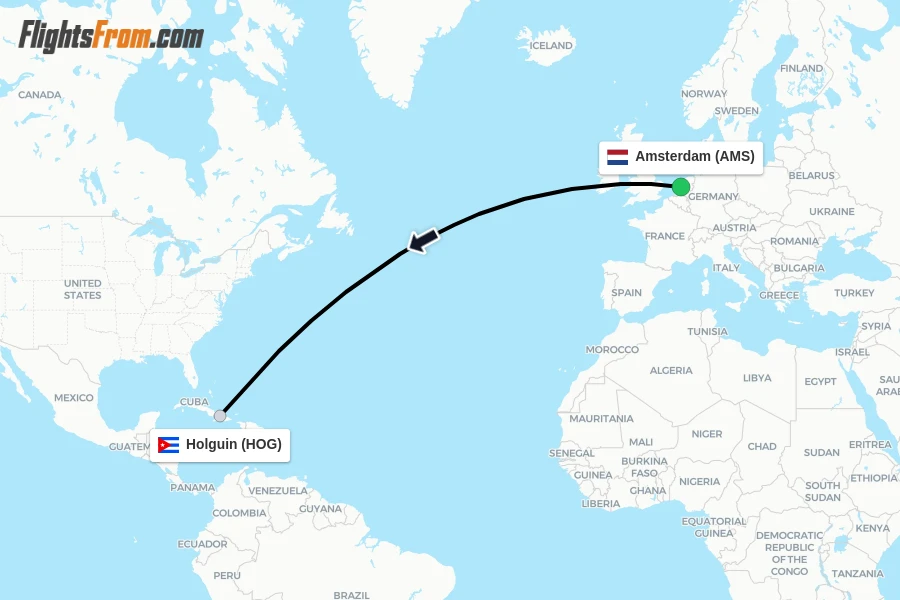 Flights from Amsterdam to Holguin route map