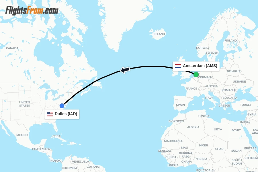 Flights from Amsterdam to Dulles route map