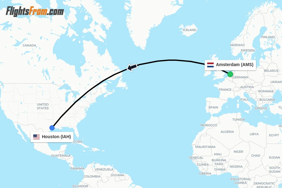 Flights from Amsterdam to Houston route map