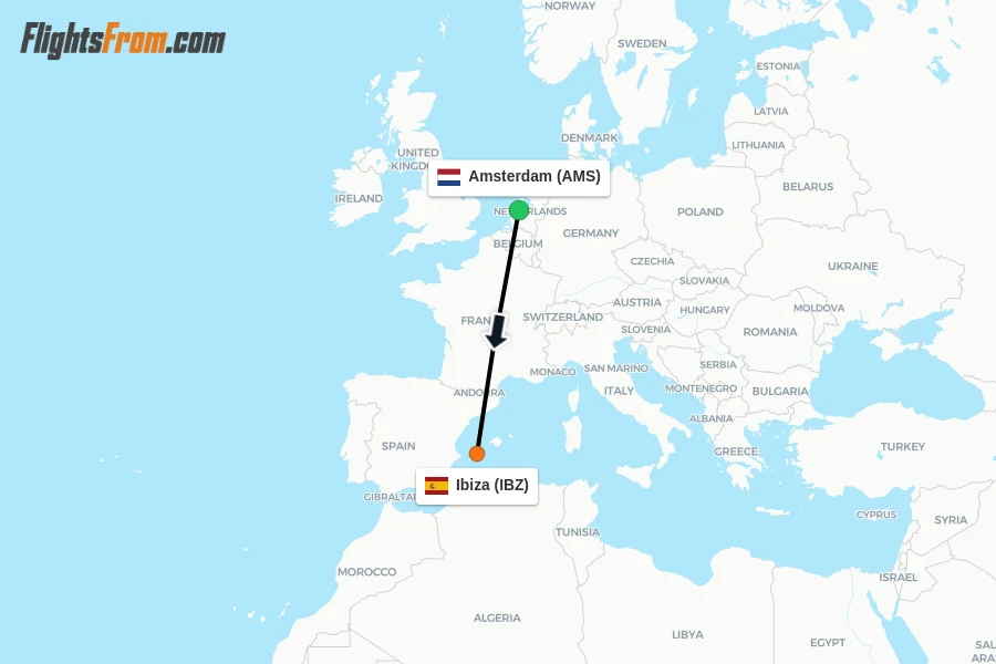 Flights from Amsterdam to Ibiza route map