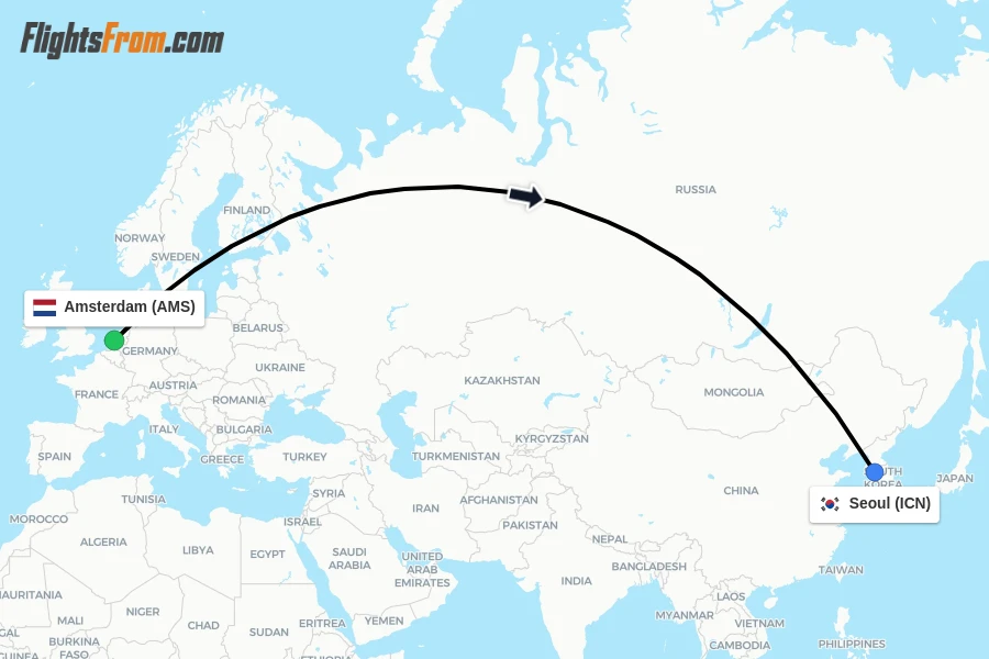 Flights from Amsterdam to Seoul route map