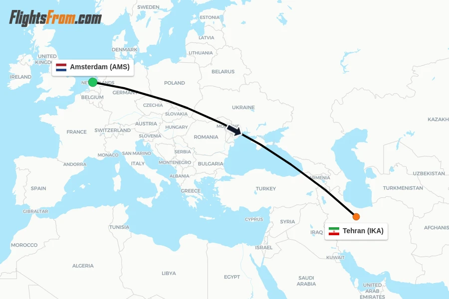 Flights from Amsterdam to Tehran route map