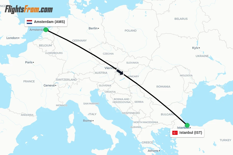 Flights from Amsterdam to Istanbul route map