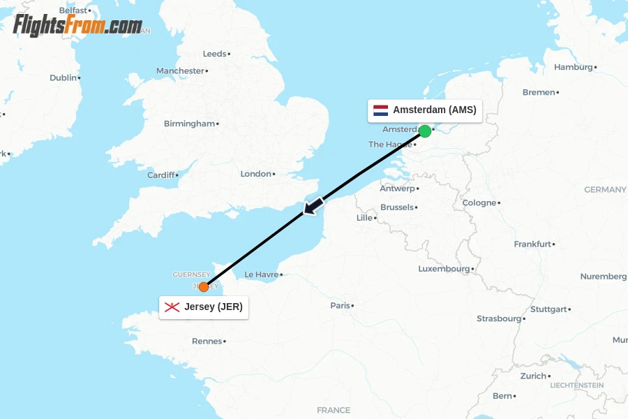 Flights from Amsterdam to Jersey route map