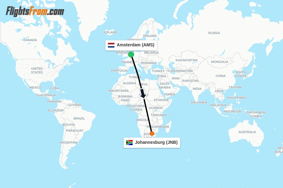 Flights from Amsterdam to Johannesburg route map