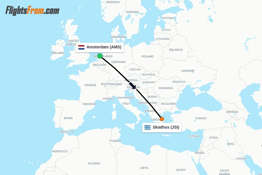 Flights from Amsterdam to Skiathos route map