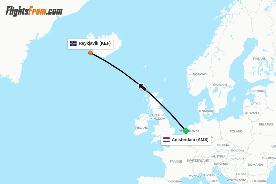 Flights from Amsterdam to Reykjavik route map