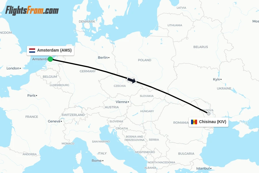 Flights from Amsterdam to Chisinau route map