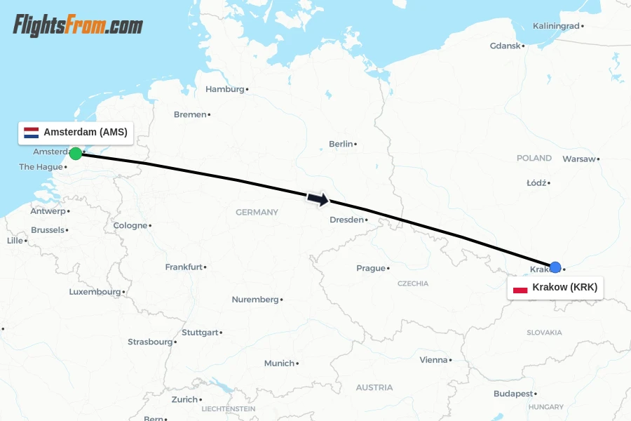 Flights from Amsterdam to Krakow route map