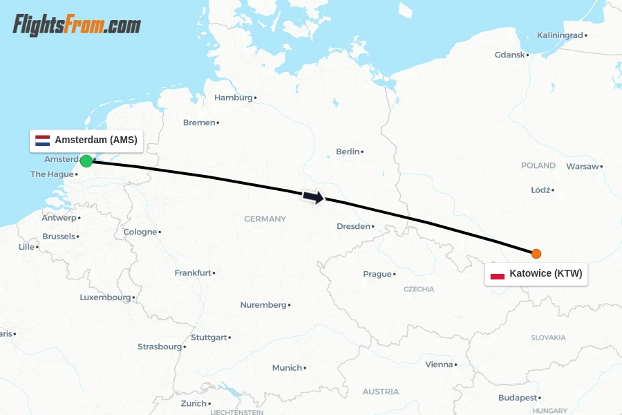 Flights from Amsterdam to Katowice route map
