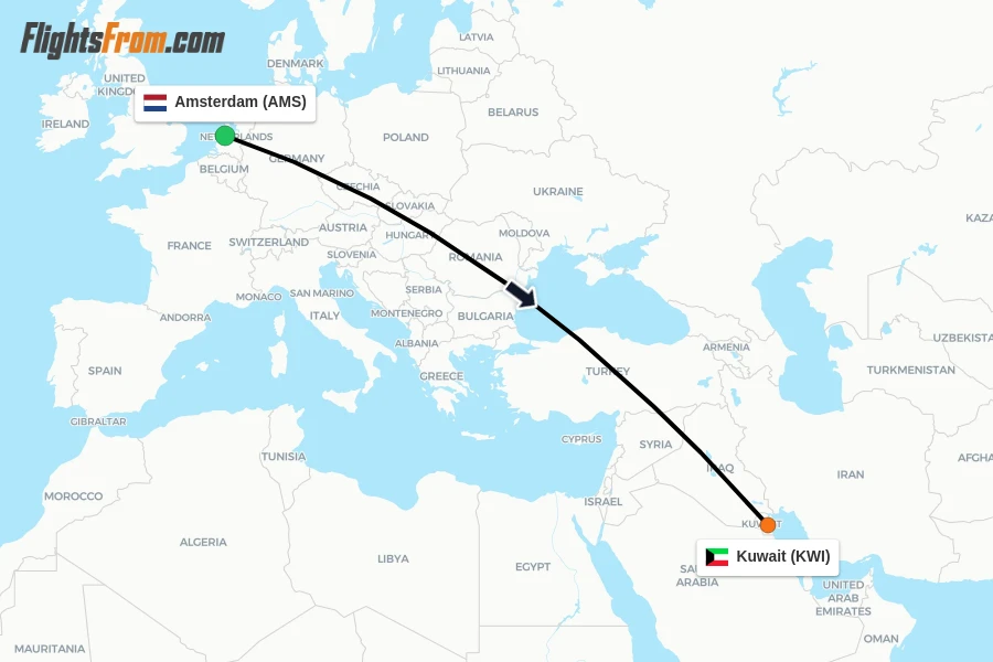 Flights from Amsterdam to Kuwait route map