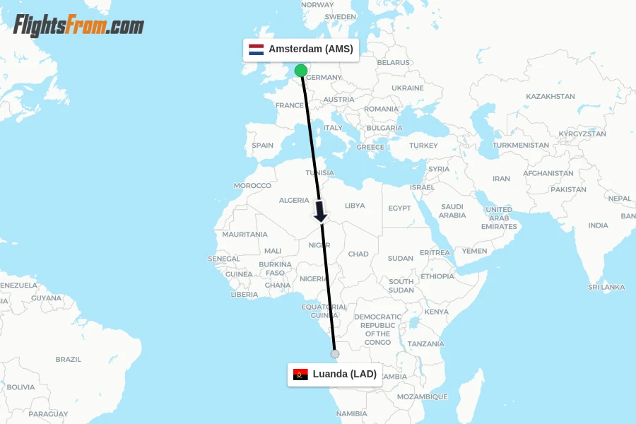 Flights from Amsterdam to Luanda route map