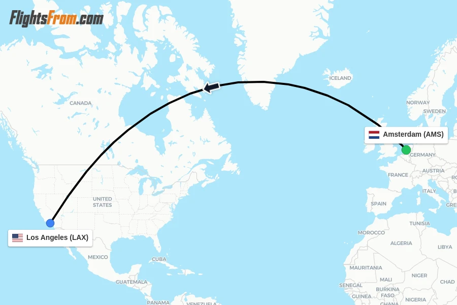 Flights from Amsterdam to Los Angeles route map