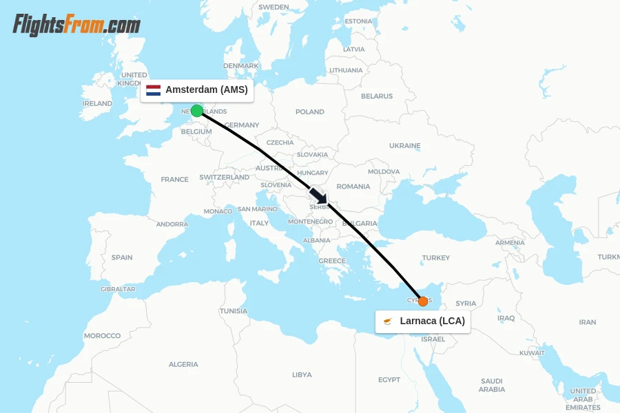 Flights from Amsterdam to Larnaca route map