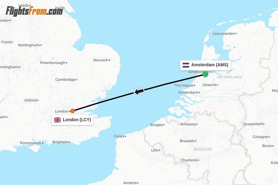 Flights from Amsterdam to London route map