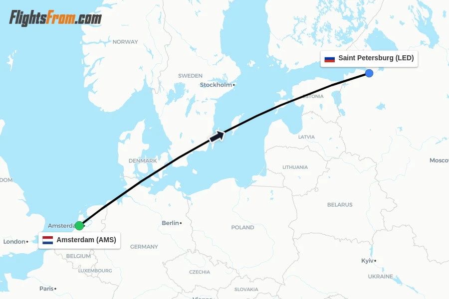 Flights from Amsterdam to Saint Petersburg route map