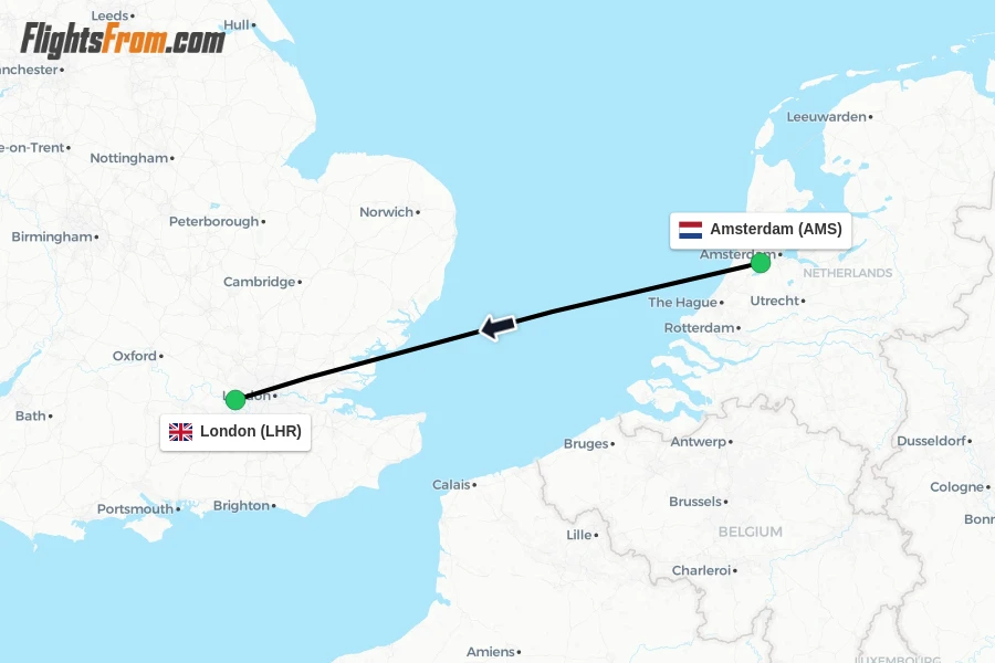 Flights from Amsterdam to London route map