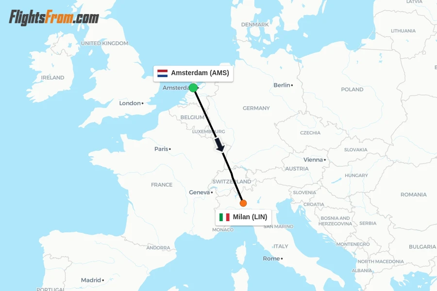 Flights from Amsterdam to Milan route map