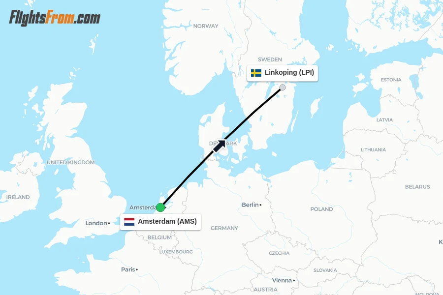 Flights from Amsterdam to Linkoping route map