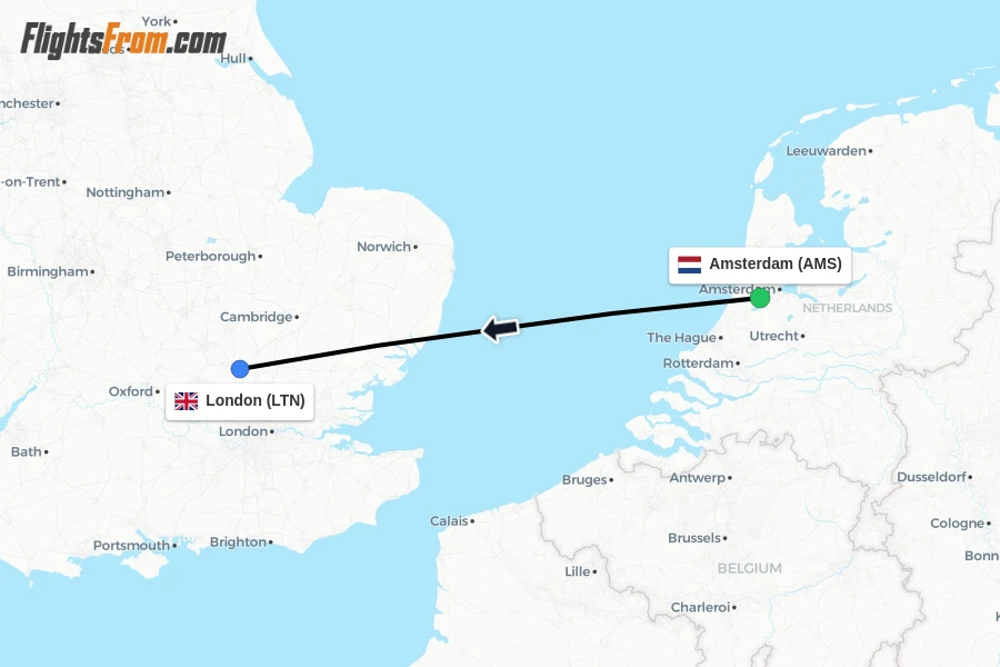 Flights from Amsterdam to London route map