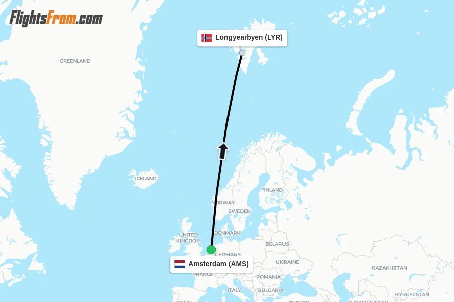 Flights from Amsterdam to Longyearbyen route map