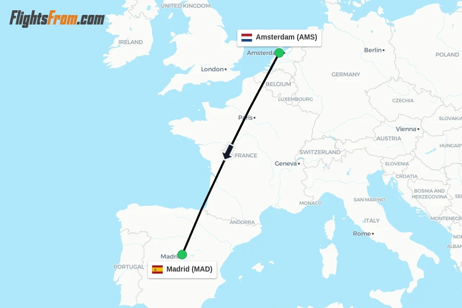 Flights from Amsterdam to Madrid route map