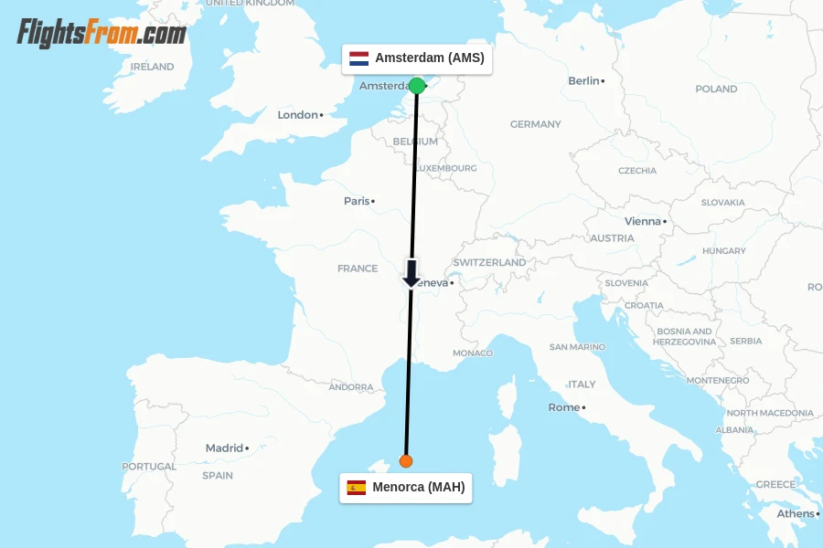 Flights from Amsterdam to Menorca route map