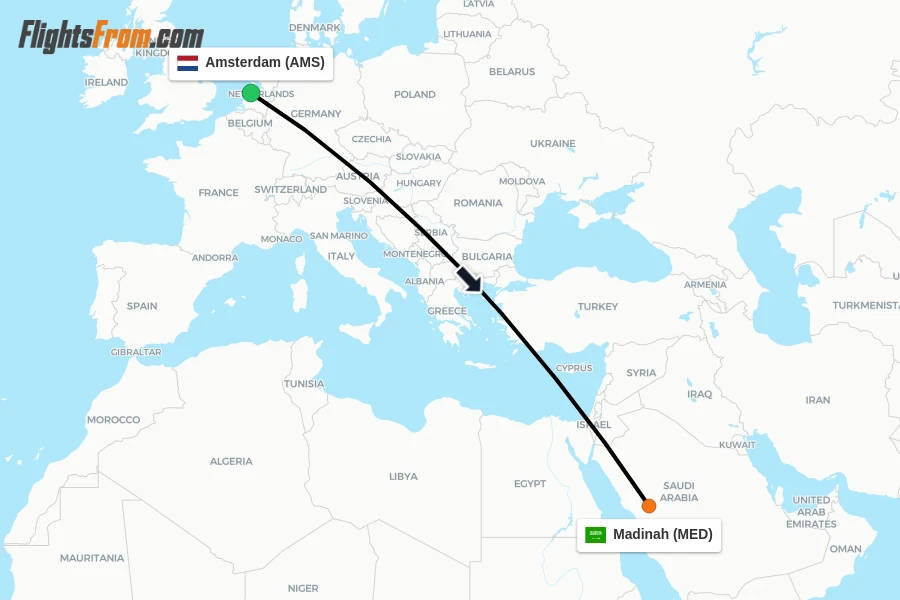 Flights from Amsterdam to Madinah route map