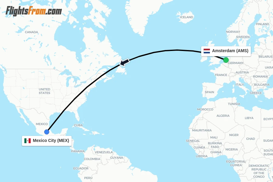 Flights from Amsterdam to Mexico City route map