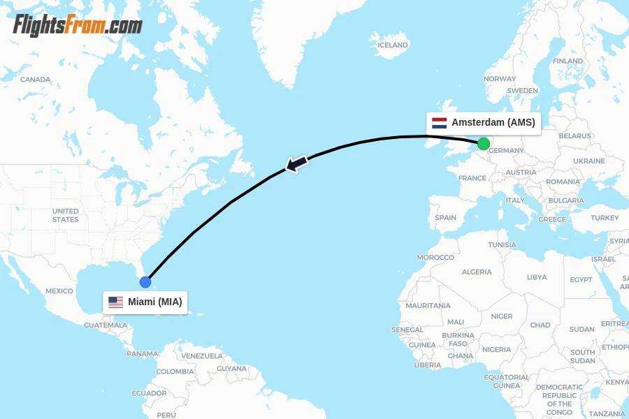 Flights from Amsterdam to Miami route map