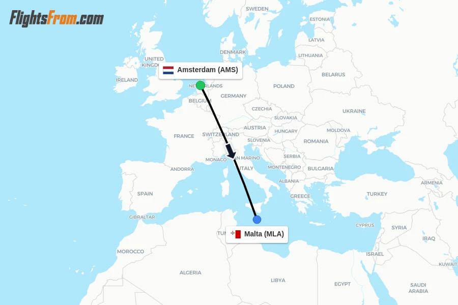 Flights from Amsterdam to Malta route map