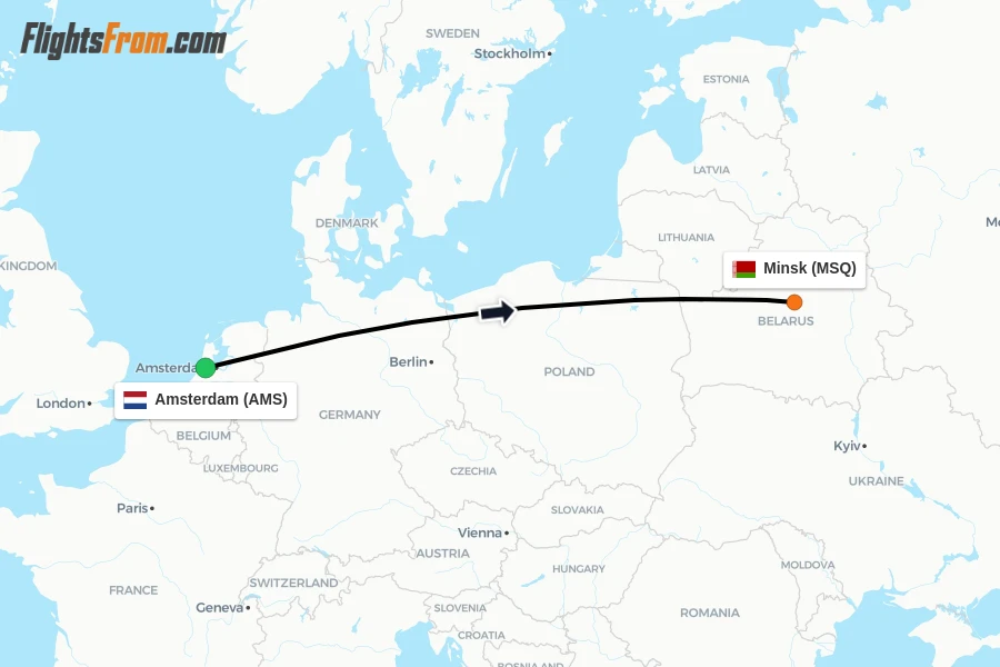 Flights from Amsterdam to Minsk route map