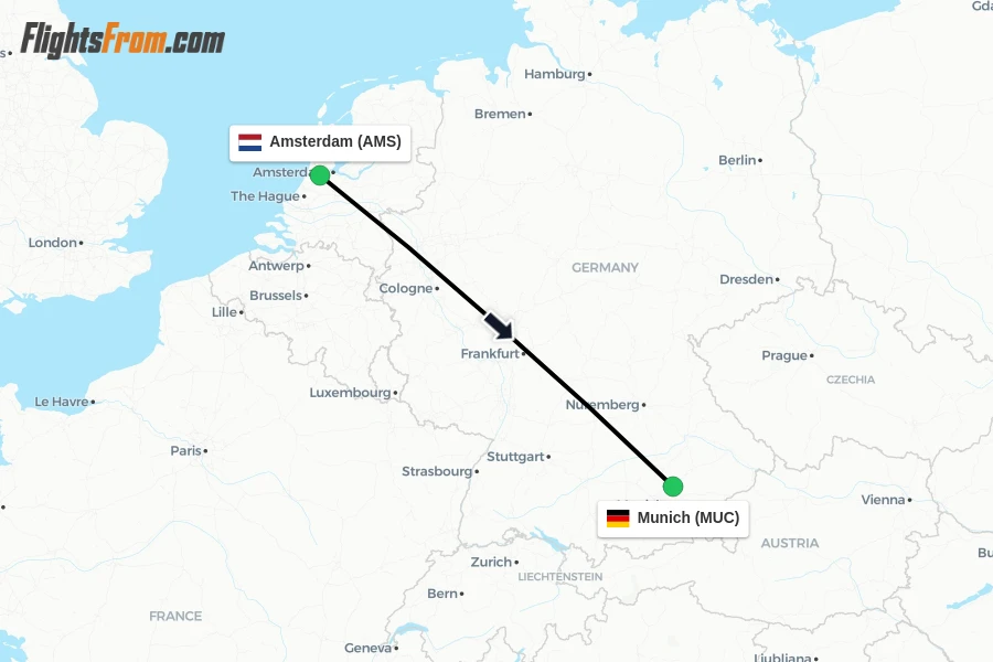 Flights from Amsterdam to Munich route map