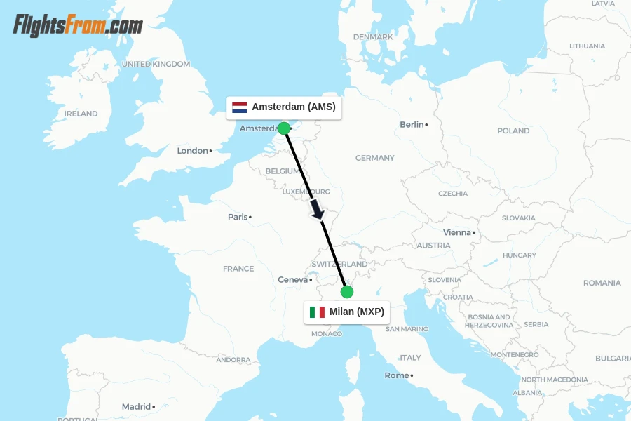Flights from Amsterdam to Milan route map