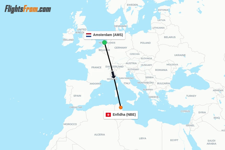 Flights from Amsterdam to Enfidha route map