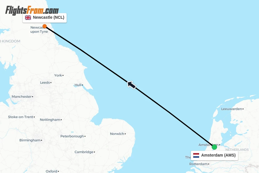 Flights from Amsterdam to Newcastle route map